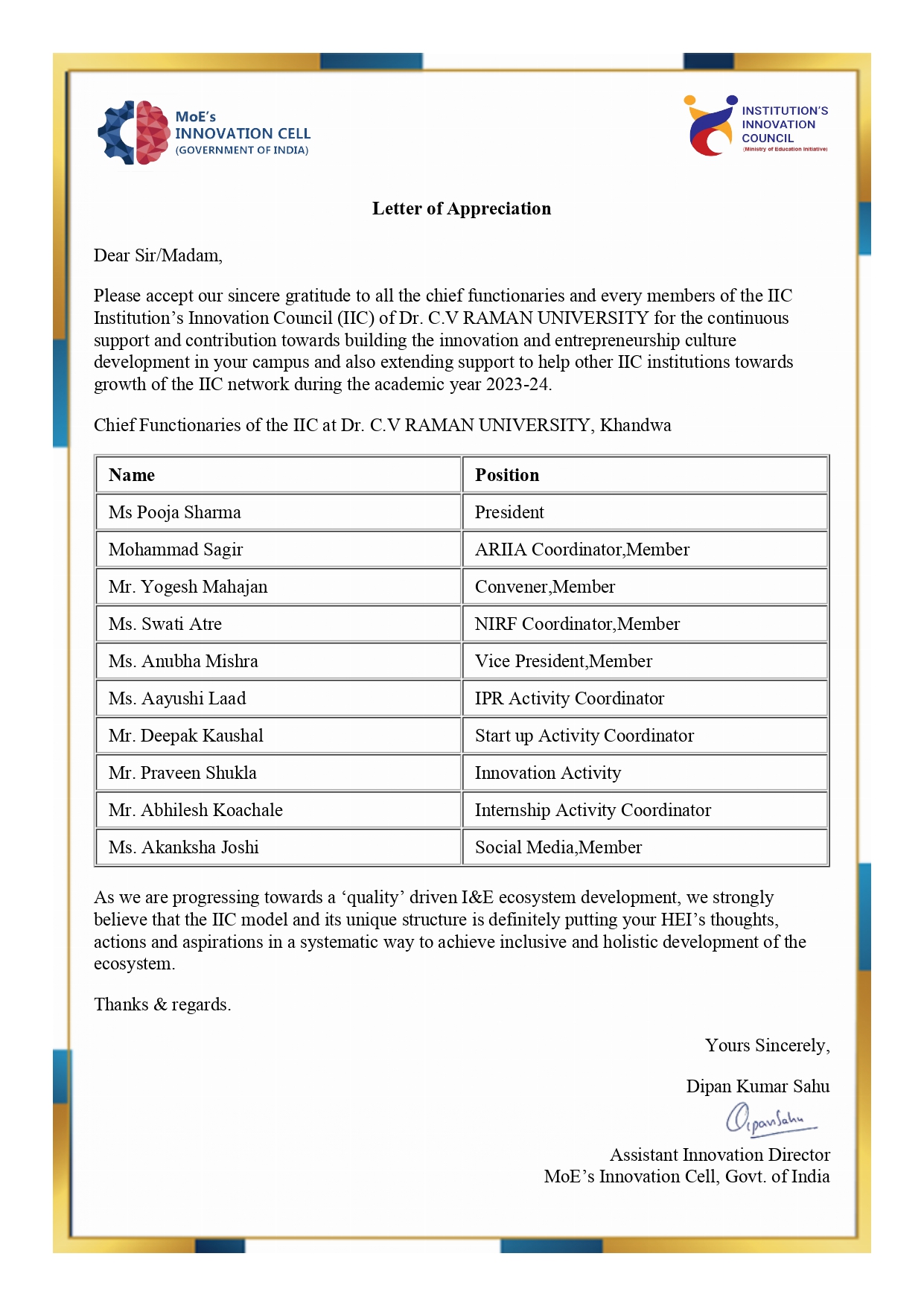 IIC Appreciation Letter AY 2023-24