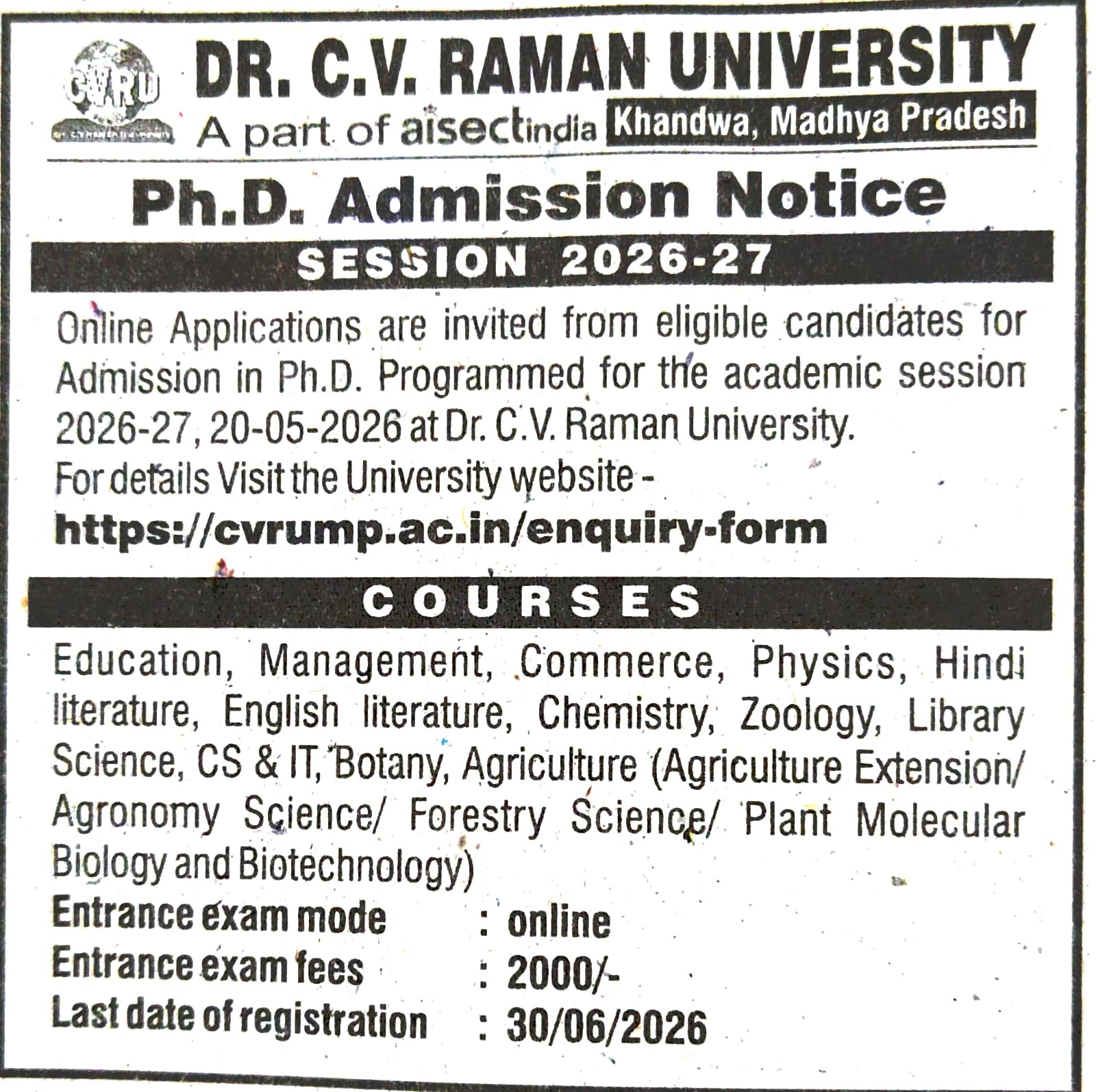Ph.D. Admission Notice (Session 2026–27)